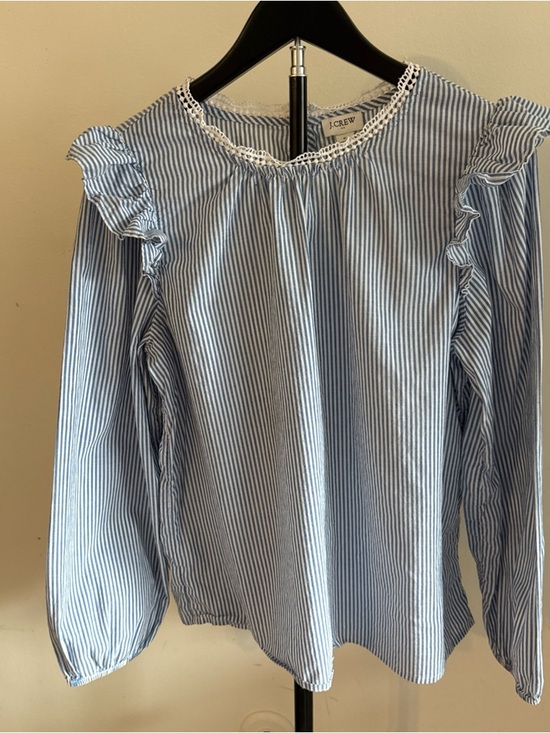 J. Crew Light Blue & White Striped Ruffle Shoulder Blouse - Picture 3 of 7